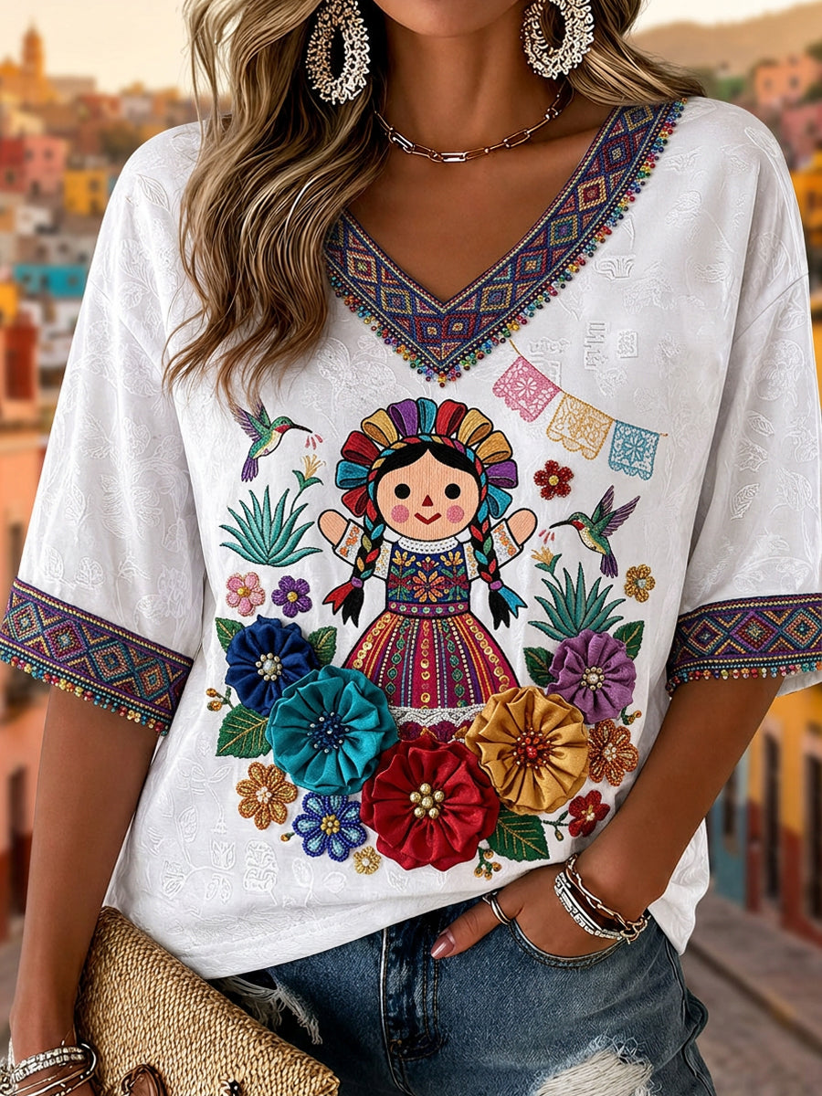 Women's Mexican Guelaguetza Printed Casual Short-Sleeve T-Shirt