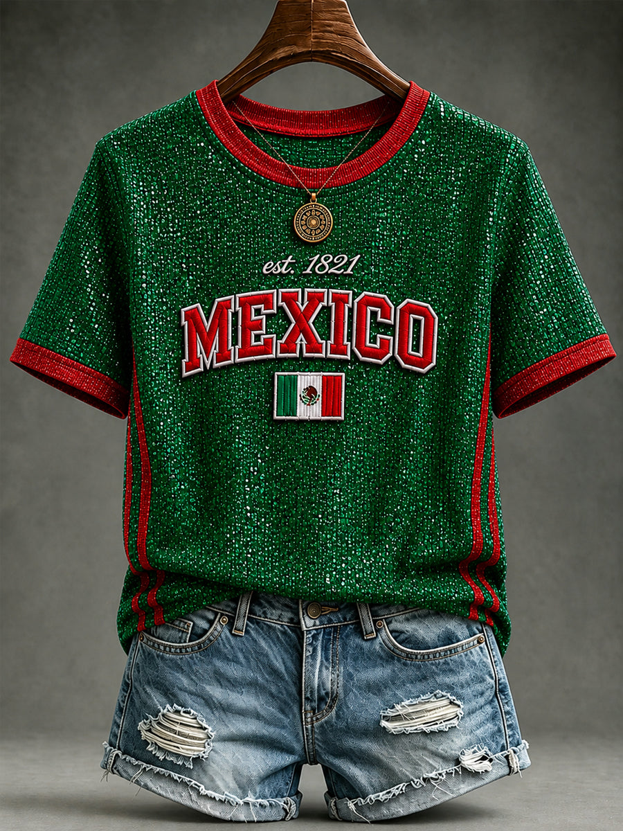 Women's Mexico Football Lover Art O-neck Short Sleeve T-shirt