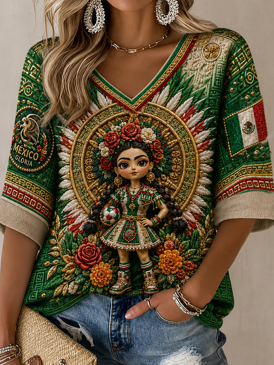 Women's Mexico Football Lover Lele Doll Art Printed T-shirt