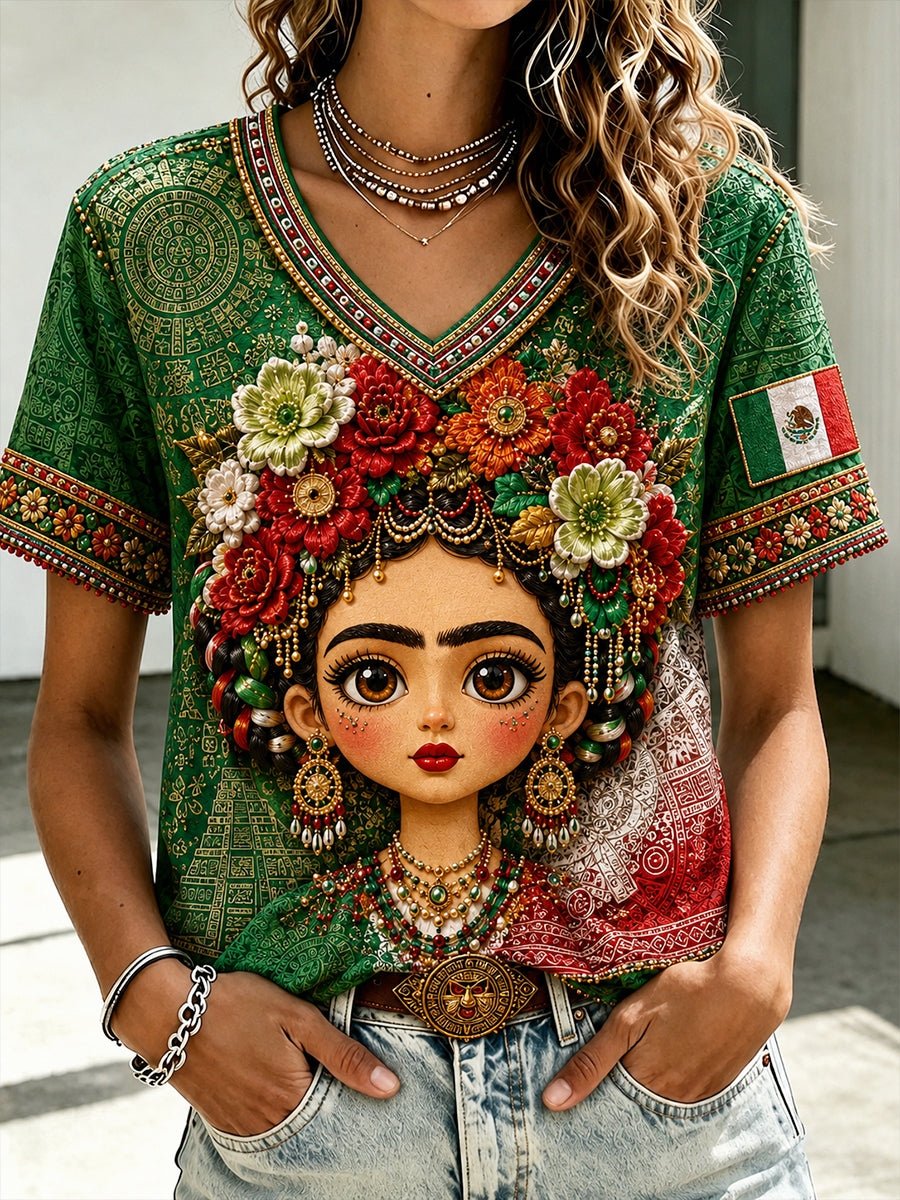 Women's Mexico Football Lover Lele Doll Art Printed T-shirt