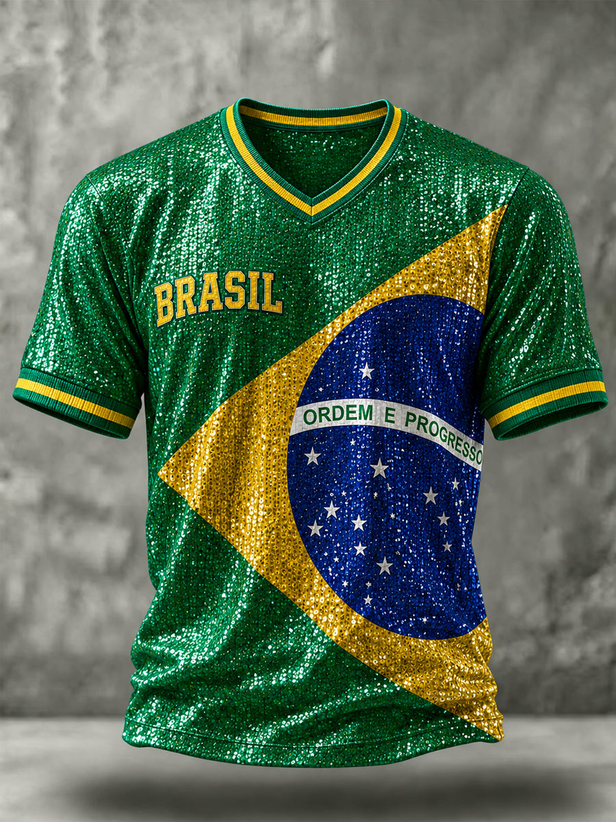 Men's Brazil Football Fan Gift Art V-neck Short Sleeve T-shirt