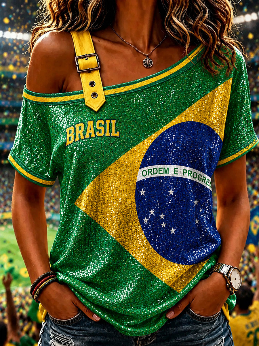 Women's Brazil Football Fan Gift Art Print Off-the-Shoulder Short-Sleeve T-Shirt
