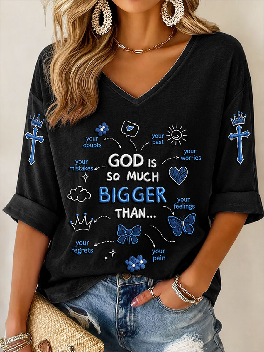 Women's “God Is So Much Bigger Than..."Faith Print Casual T-shirt