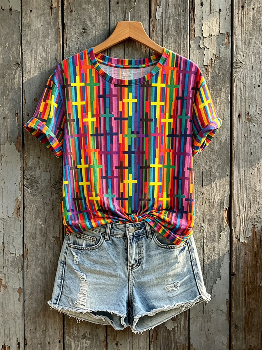 Women's Vintage Vertical Rainbow Crosses Art Print Short-sleeved T-shirt