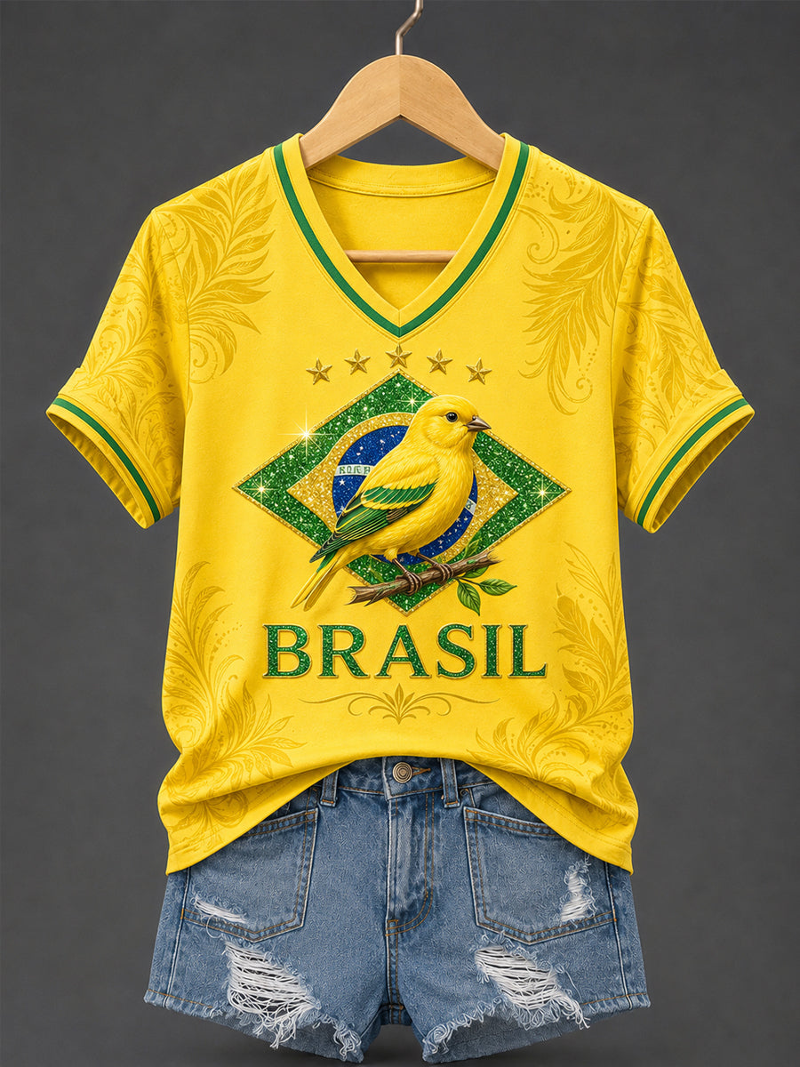 Women's Brasil Print Casual V-Neck Tee
