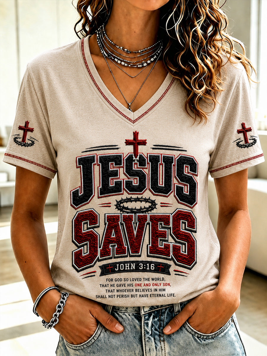 Women's Christian JESUS SAVES Cross V-Neck Short Sleeve T-shirt