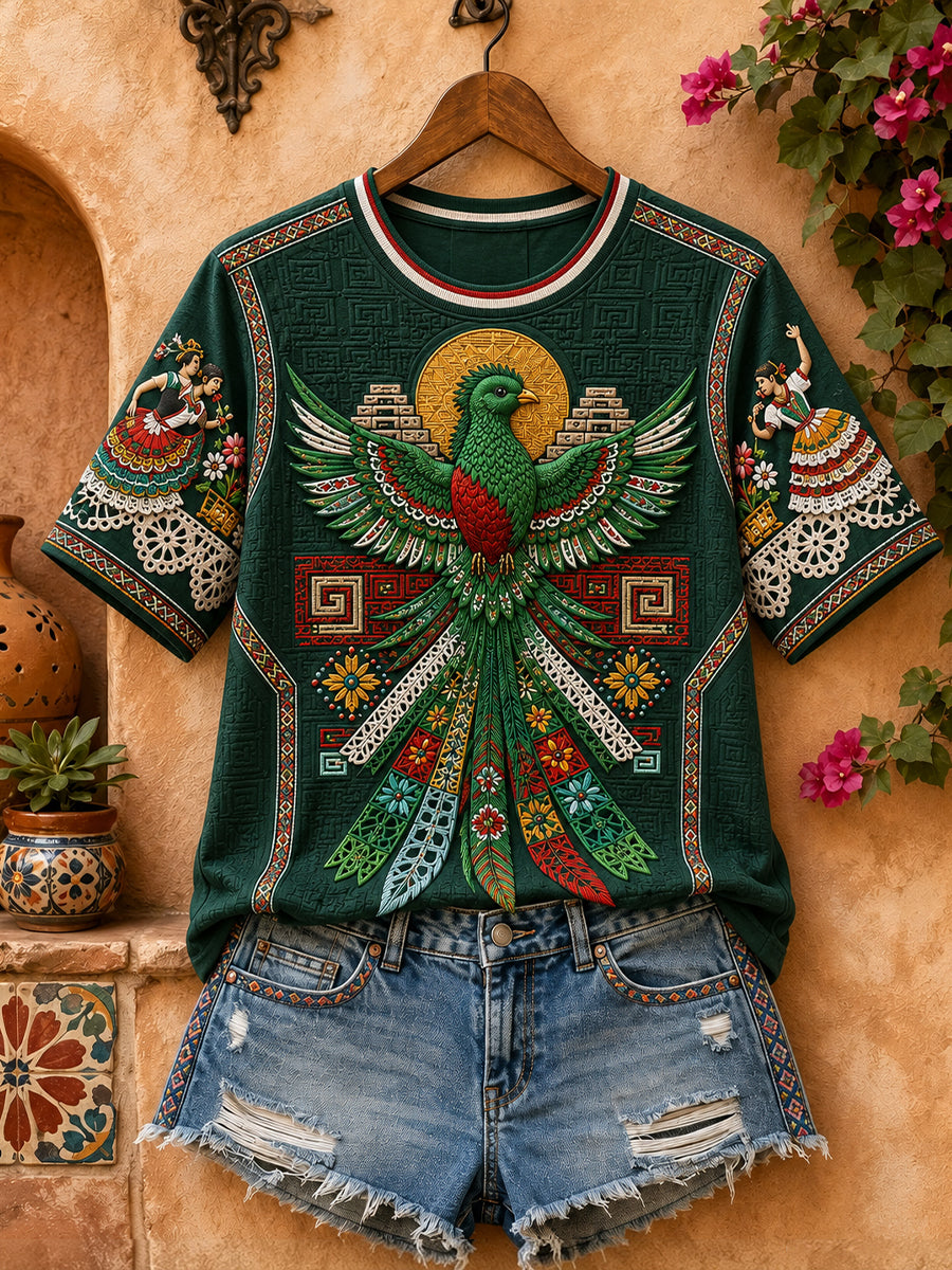 Women's Mexico Guelaguetza Resplendent Quetzal Art Printed Linen T-shirt