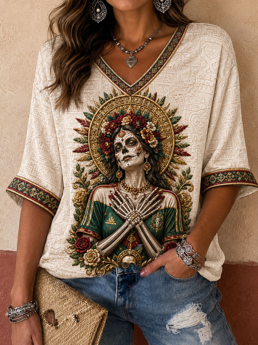 Women's Mexico Football Lover La Catrina Art Printed T-shirt