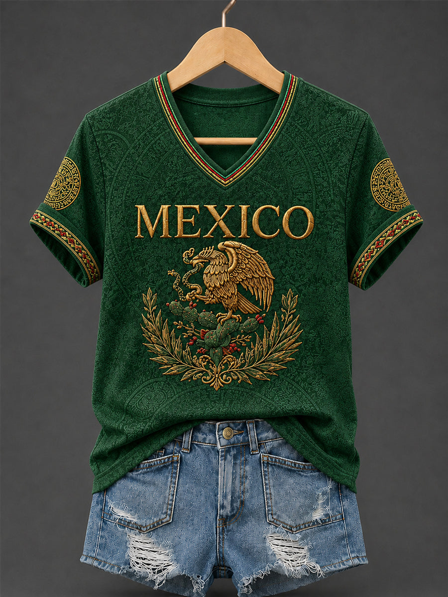 Women's Mexican Pride Printed Casual V-Neck Tee