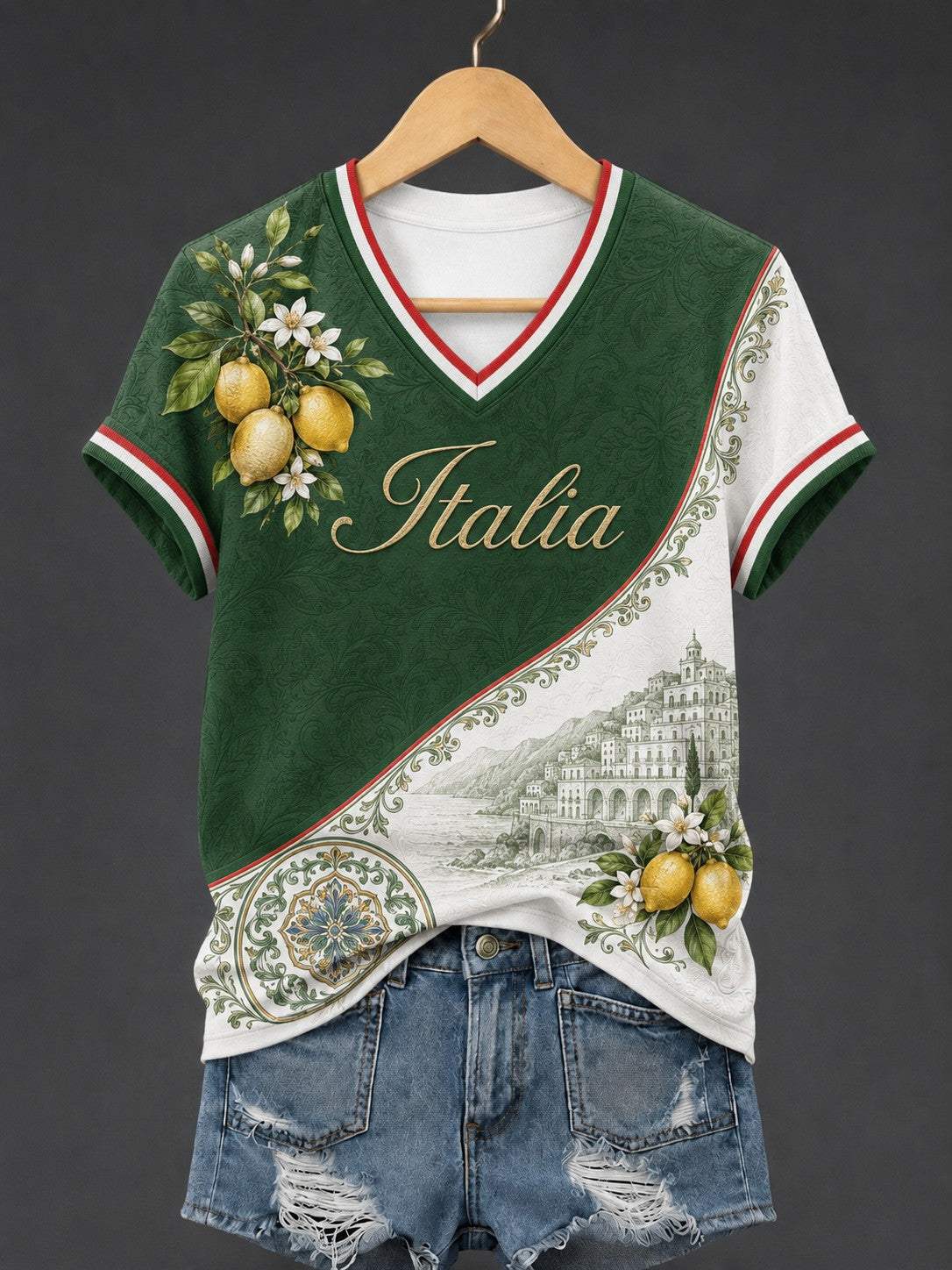Women's Amalfi Lemon Italia Printed V-neck T-shirt