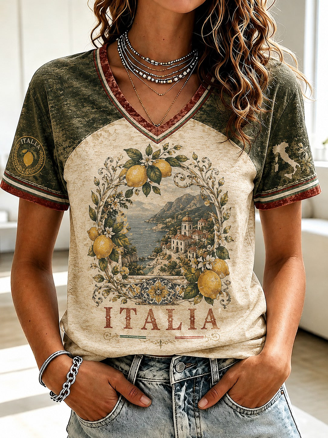 Women's Amalfi Lemon Italia Printed V-neck T-shirt