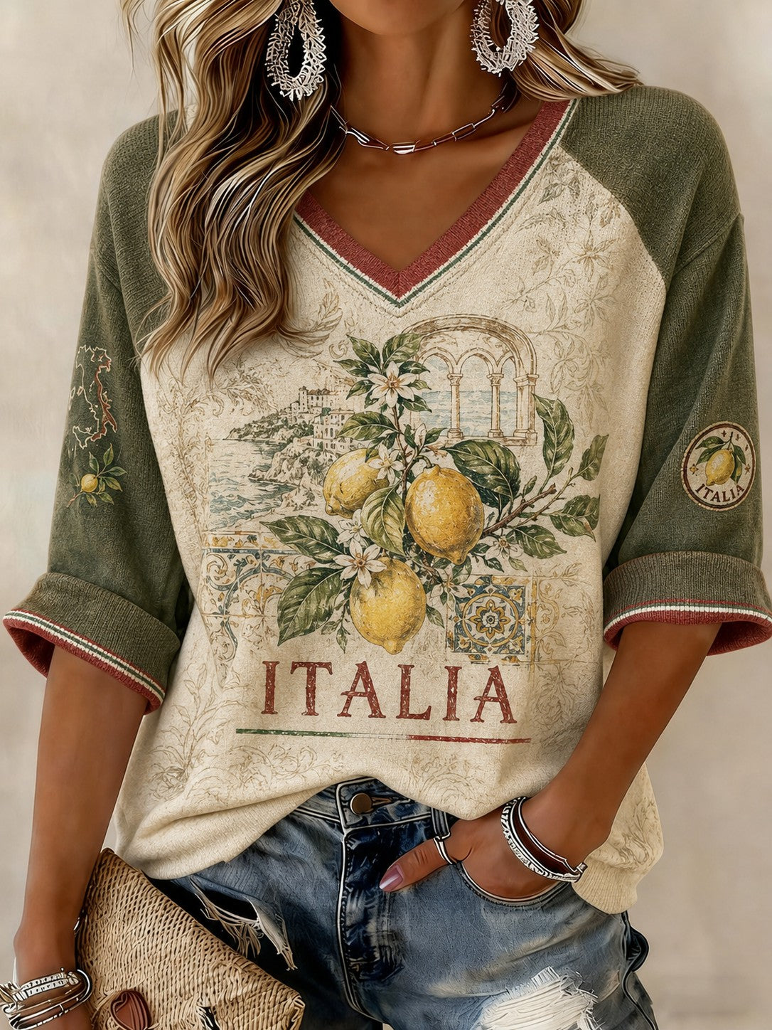 Women's Amalfi Lemon Italia Printed Mid-length Sleeves V-neck T-shirt