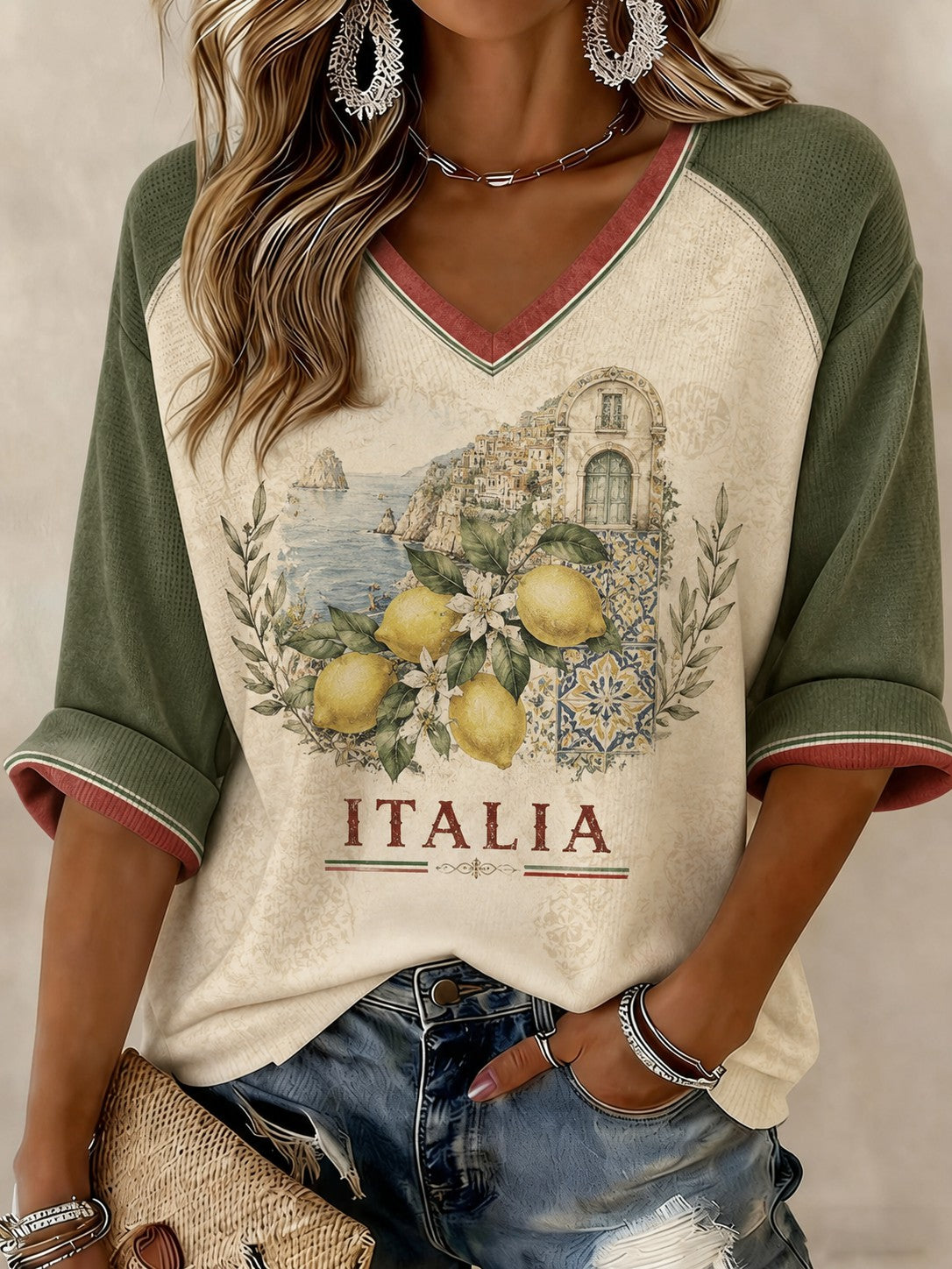 Women's Amalfi Lemon Italia Printed Mid-length Sleeves V-neck T-shirt