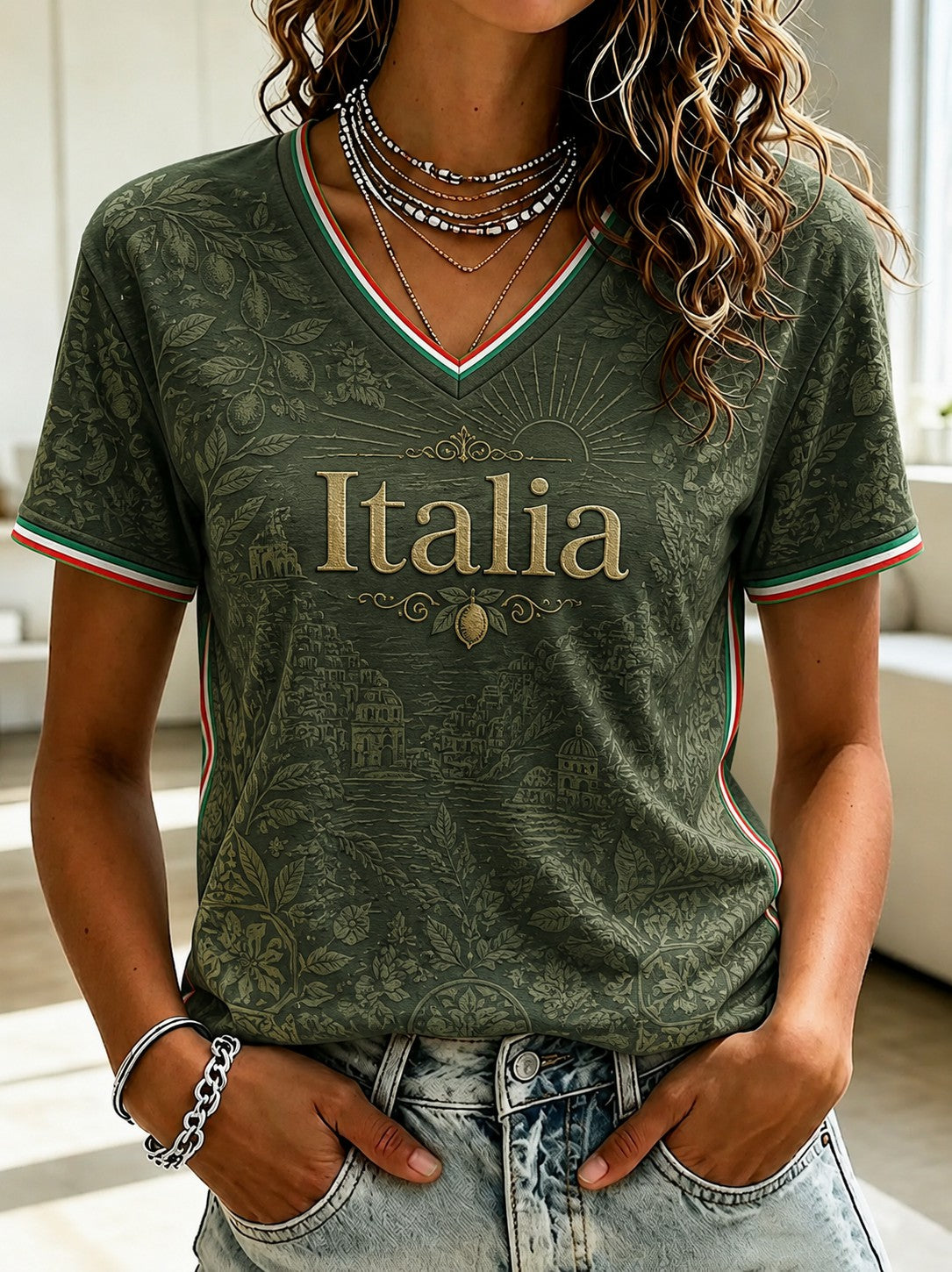 Women's Amalfi Lemon Italia Printed V-neck T-shirt