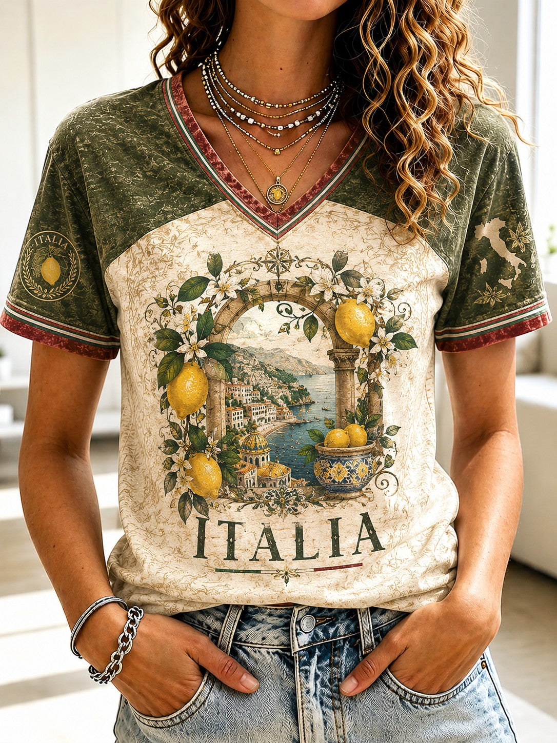 Women's Amalfi Lemon Italia Printed V-neck T-shirt