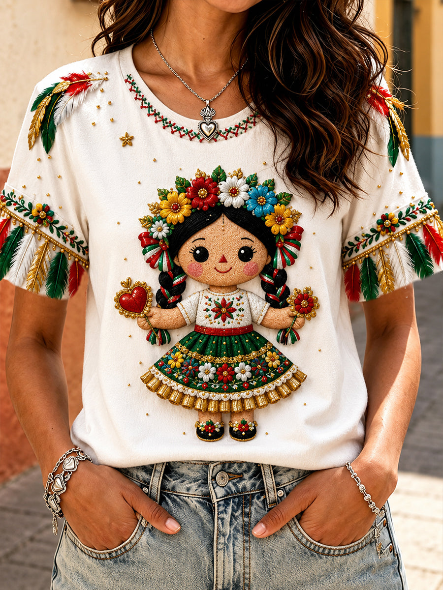 Women's Mexico Guelaguetza Lele Doll Art Printed T-shirt