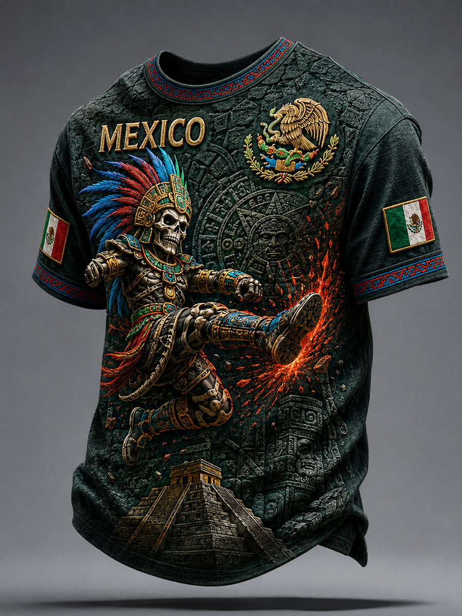 Men's Mexico Yaotl Mictlan Art Independence Day Printed T-shirt