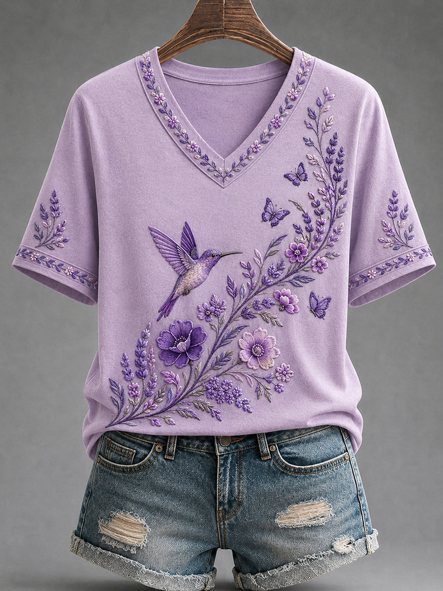 Women's Purple Floral & Hummingbird Print Alzheimer's Awareness Support V-Neck Tee