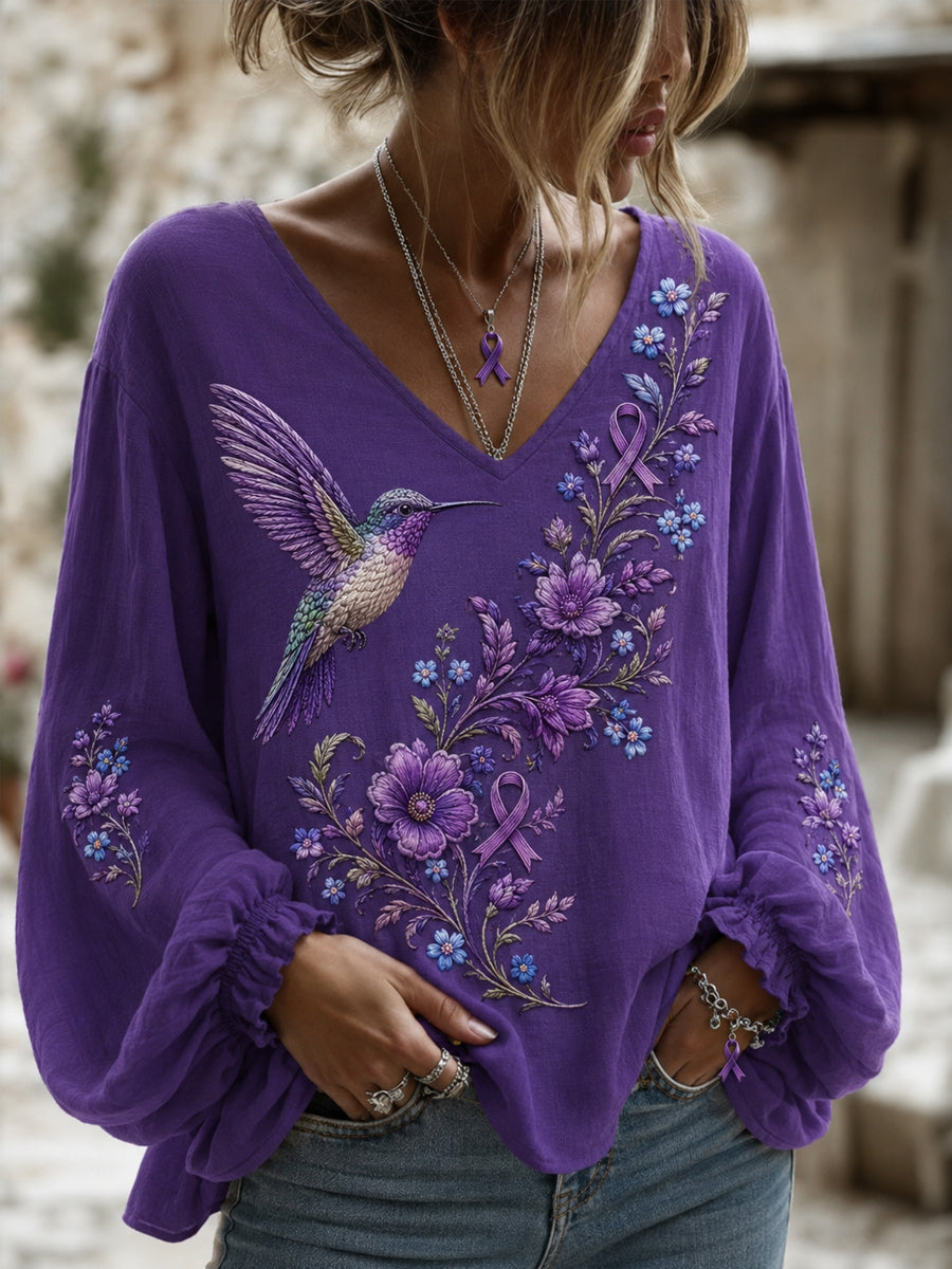 Women's Purple Floral & Hummingbird Print Alzheimer's Awareness Support V-Neck Top