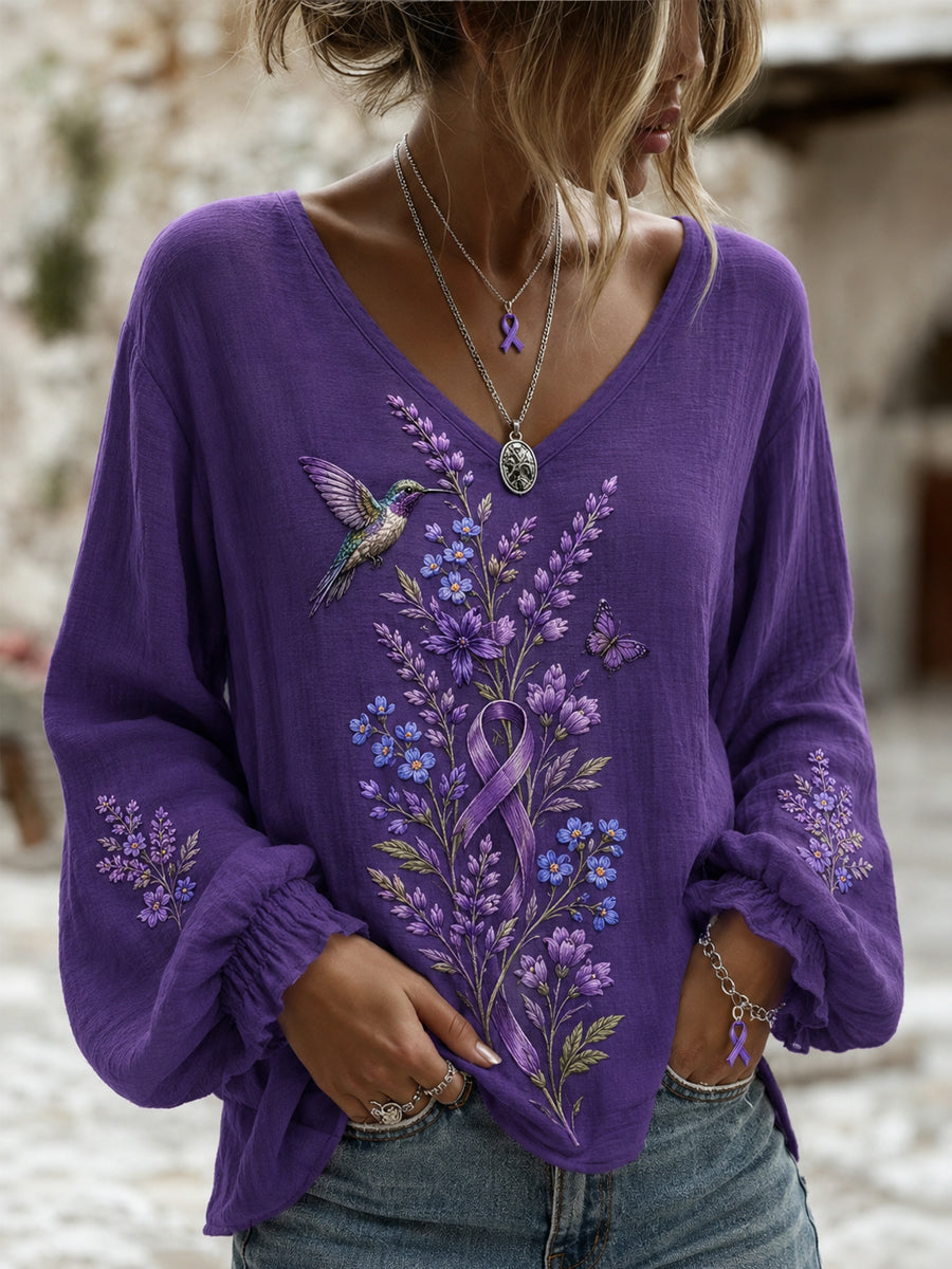 Women's Purple Floral & Hummingbird Print Alzheimer's Awareness Support V-Neck Top