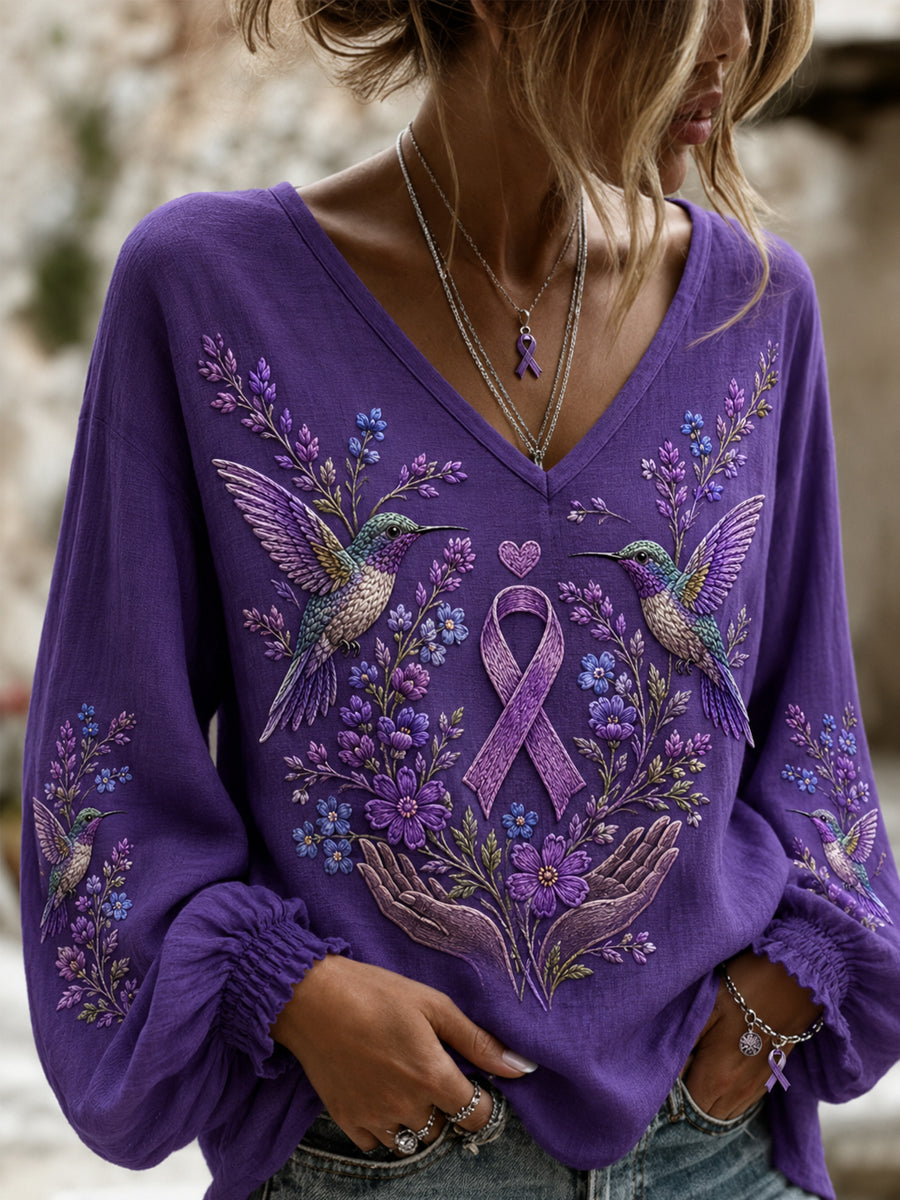 Women's Purple Floral & Hummingbird Print Alzheimer's Awareness Support V-Neck Top