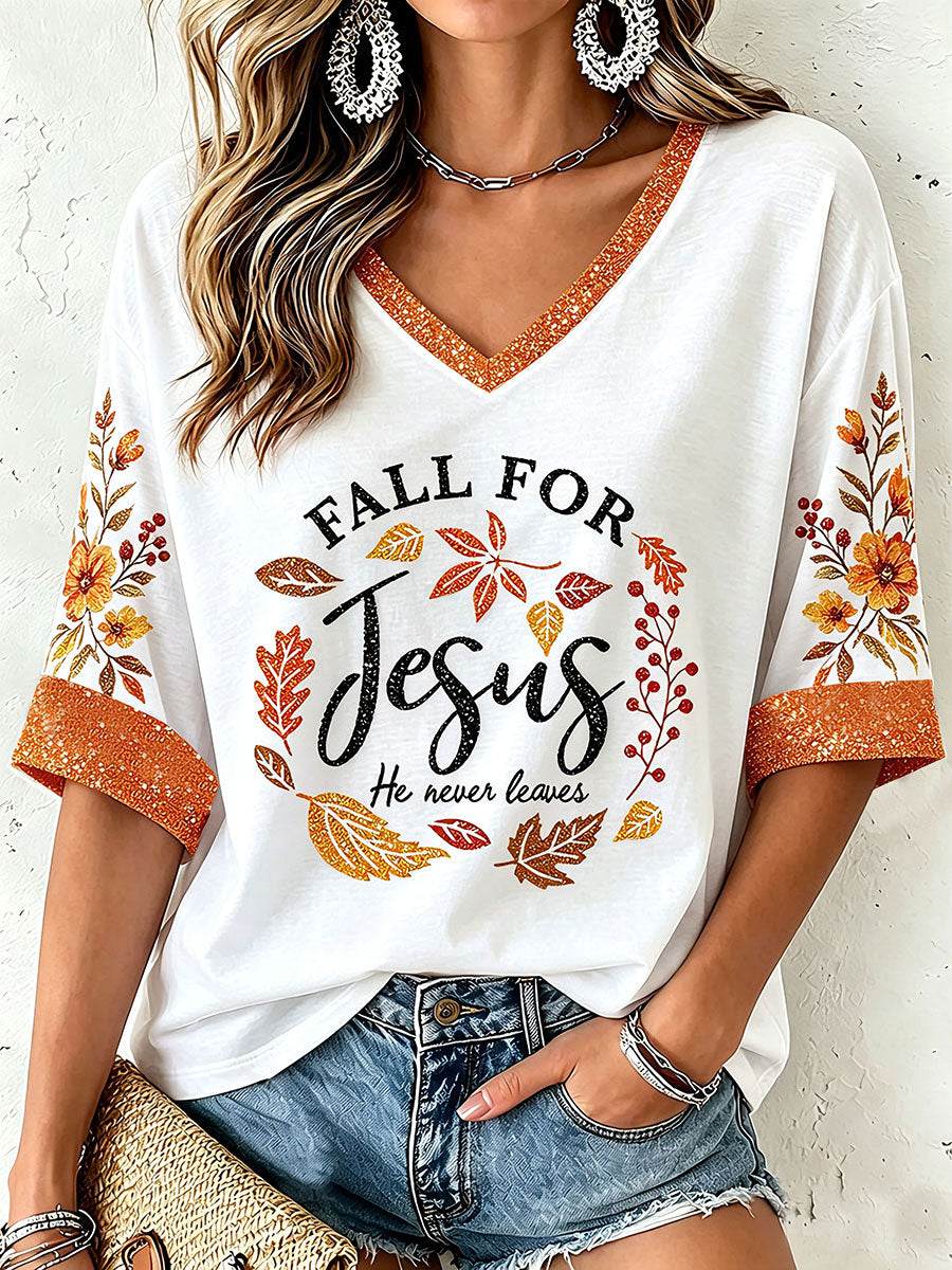 Women's Fall For Jesus He Never Leaves T-Shirt