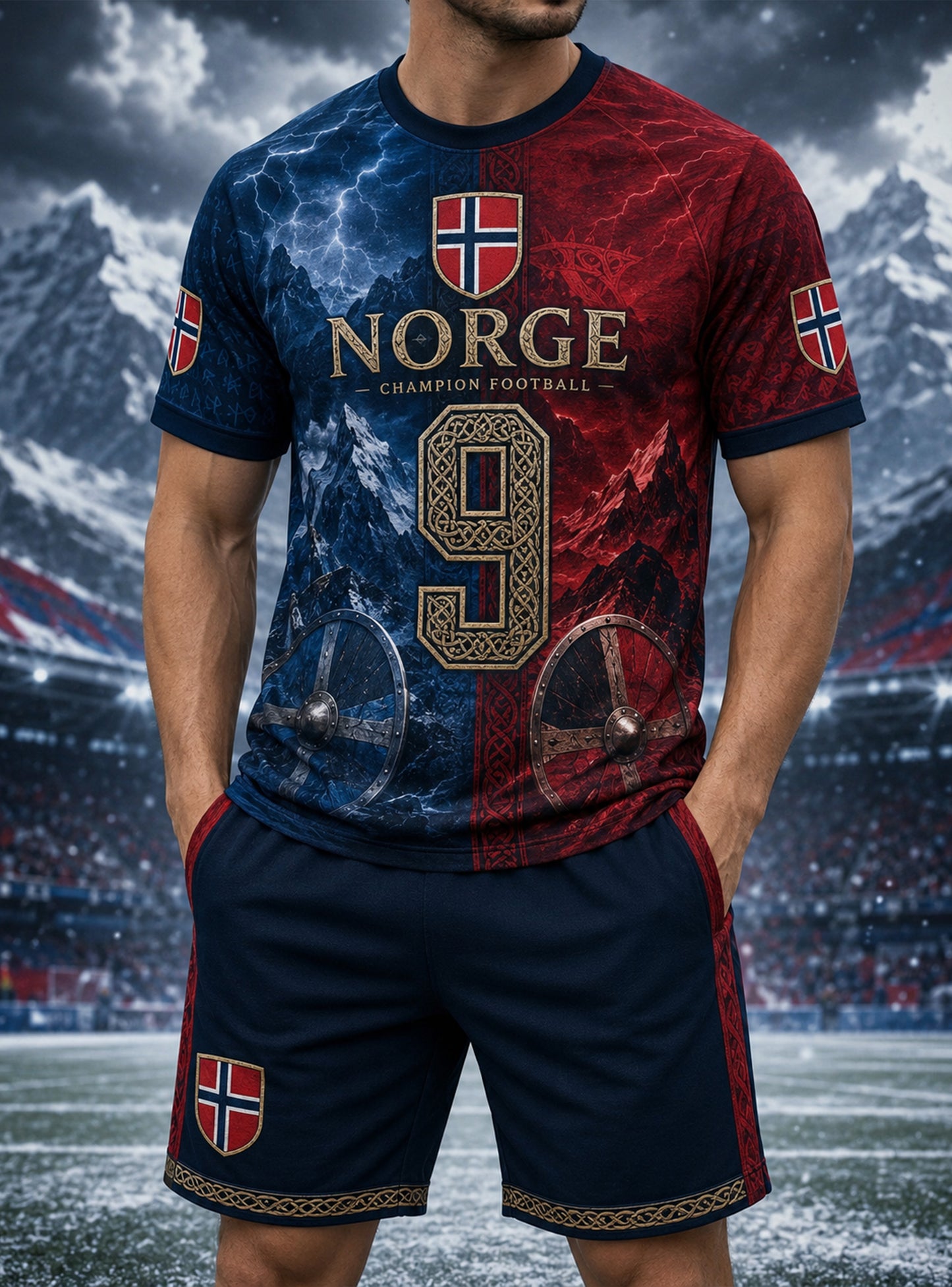 Men's Norwegian Viking-Themed Art Print T-Shirt Set