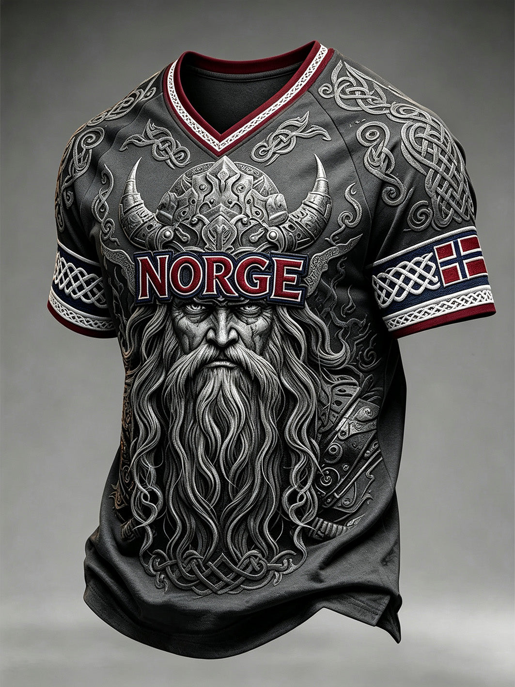 Men's Retro Norwegian Viking Pattern Printed V-neck T-shirt