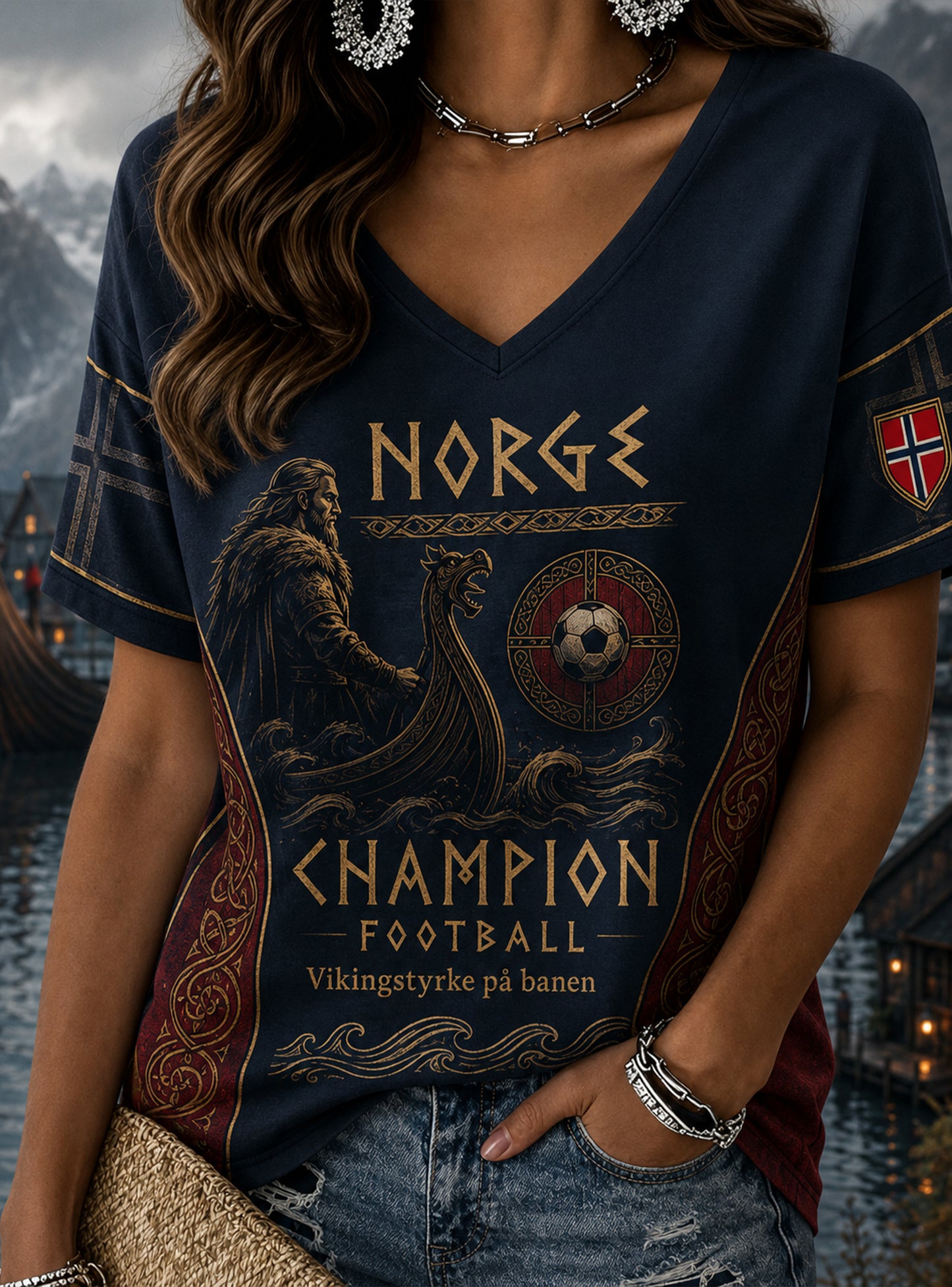 Women's Norwegian Viking-Themed Art Print T-Shirt