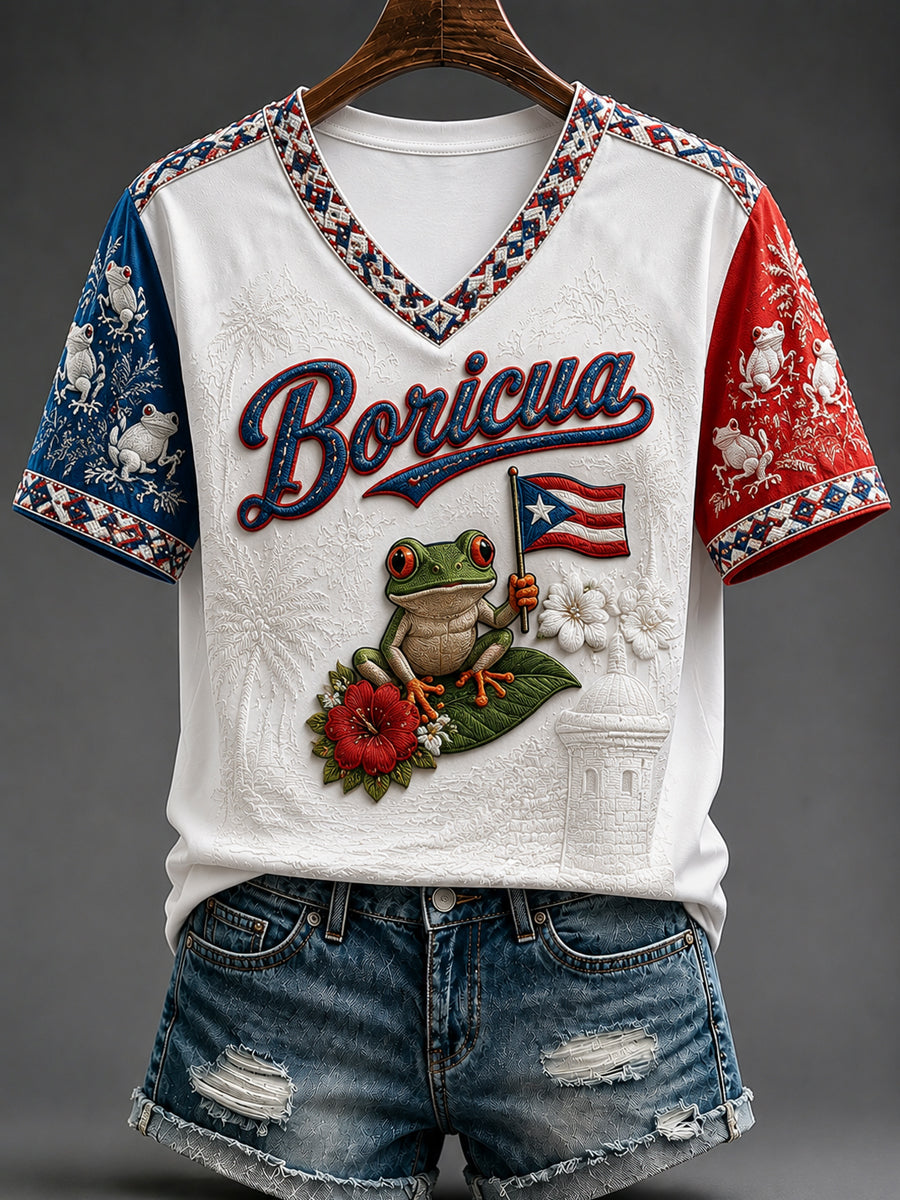 Vintage Puerto Rican Tree Frog Patchwork Casual T-Shirt