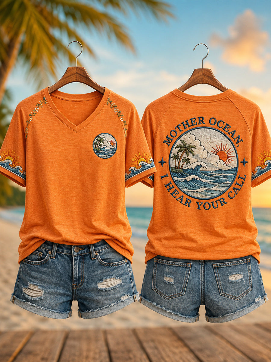 Women's Mother Ocean I Have Heard You Call Print Casual V-Neck Tee