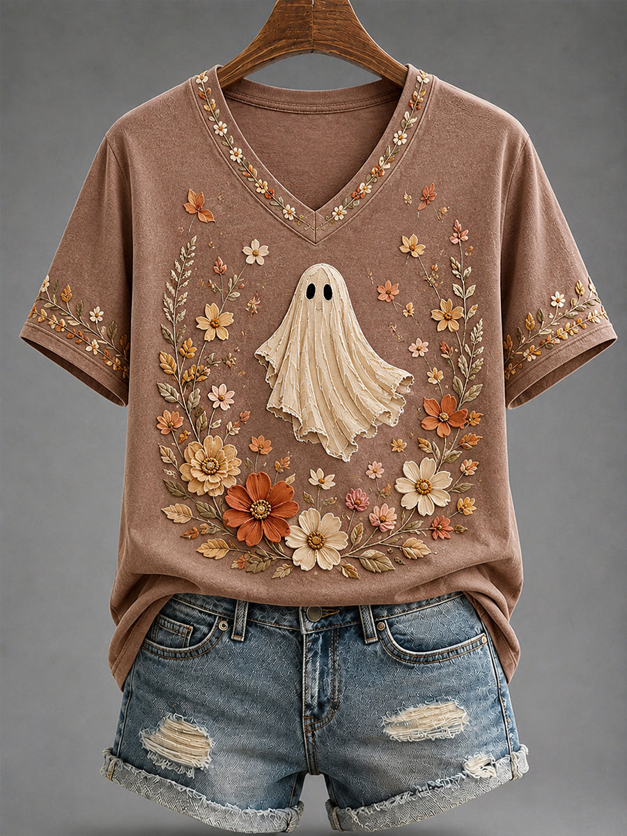 Women's Spooky Season Cute Floral Ghost Print Casual V-Neck Tee