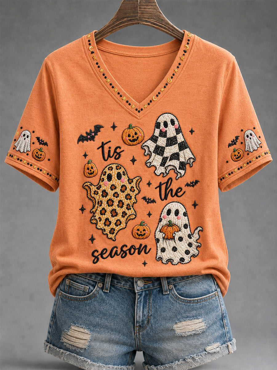 Women's Spooky Season Cute Ghost Print Casual V-Neck Tee