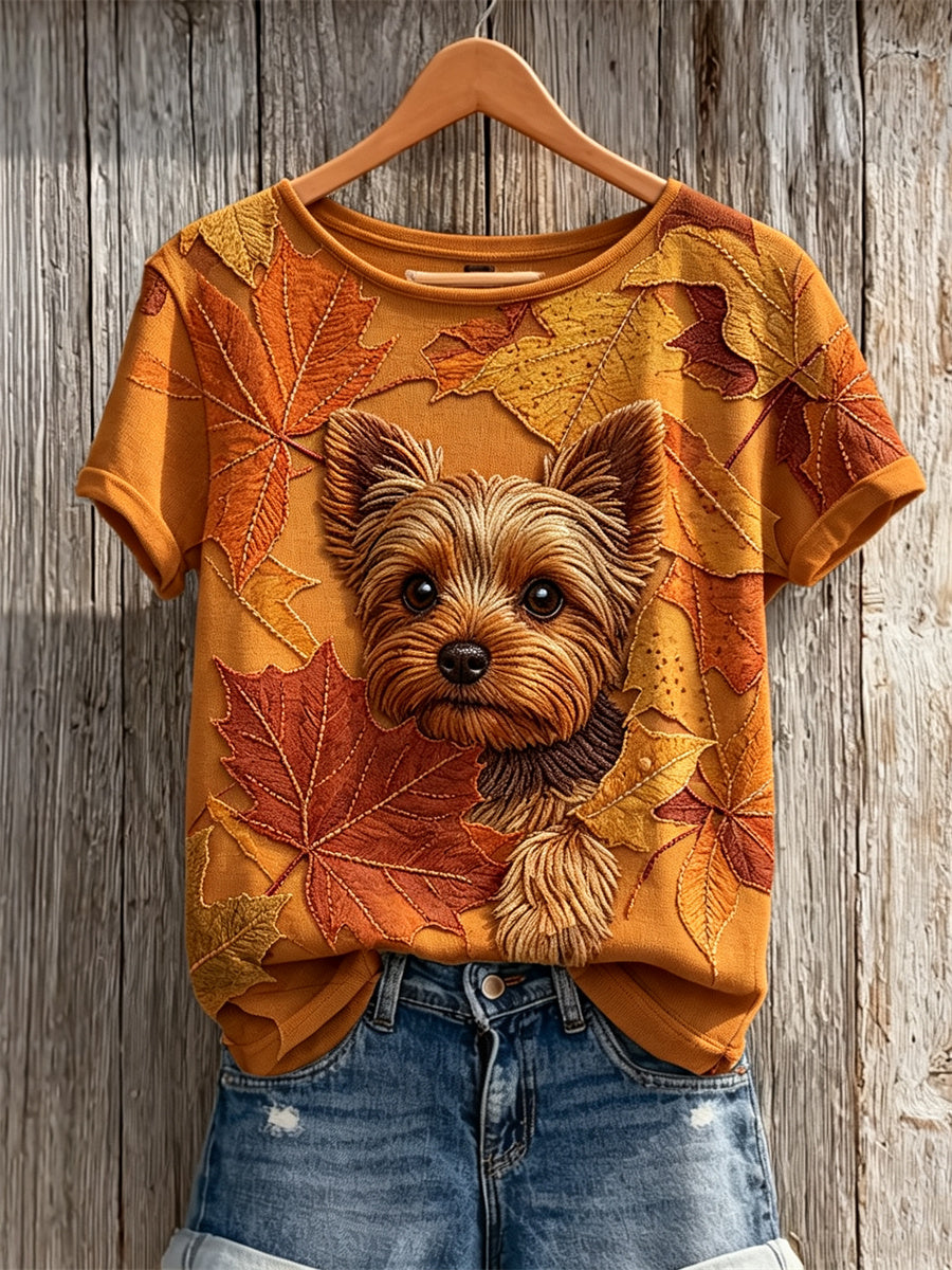 Women's Peeking Yorkshire Terrier Dog & Maple Leaves Print short-sleeved T-shirt
