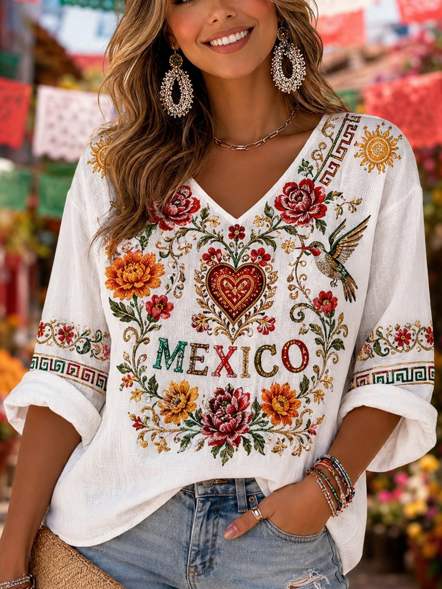 Women's Mexican Independence Day Commemorative Art Print V-Neck Top