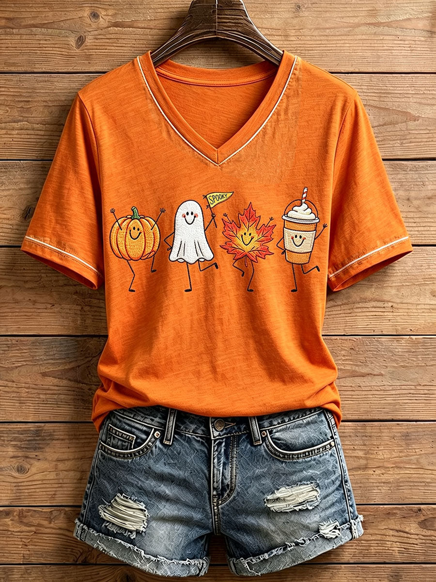 Women's Cozy Fall Pumpkin And Ghost V-Neck T-Shirt