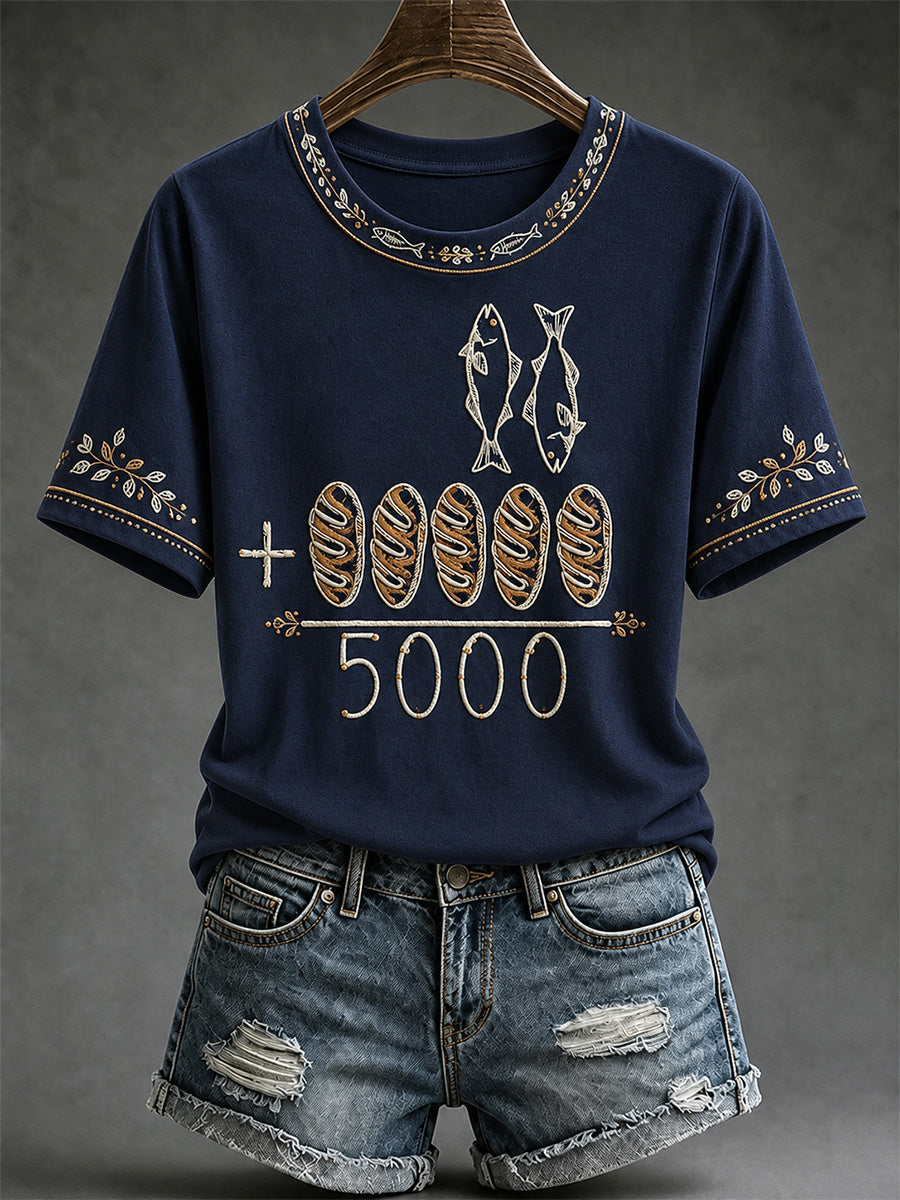 Women's Jesus 2 Fishes 5 Breads 5000 Chosen Against The Current Print Casual Tee