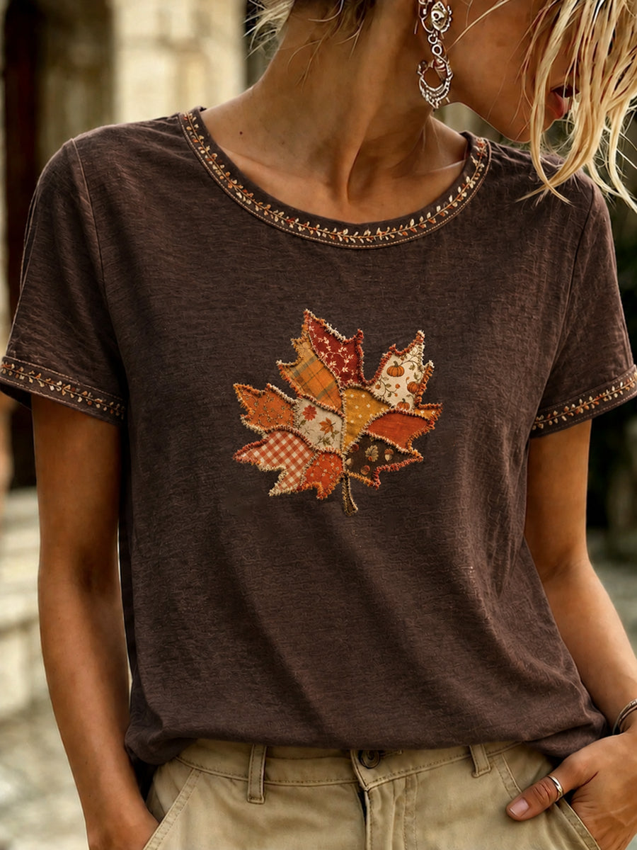 Women's Autumn Fallen Leaves Printed T-shirt