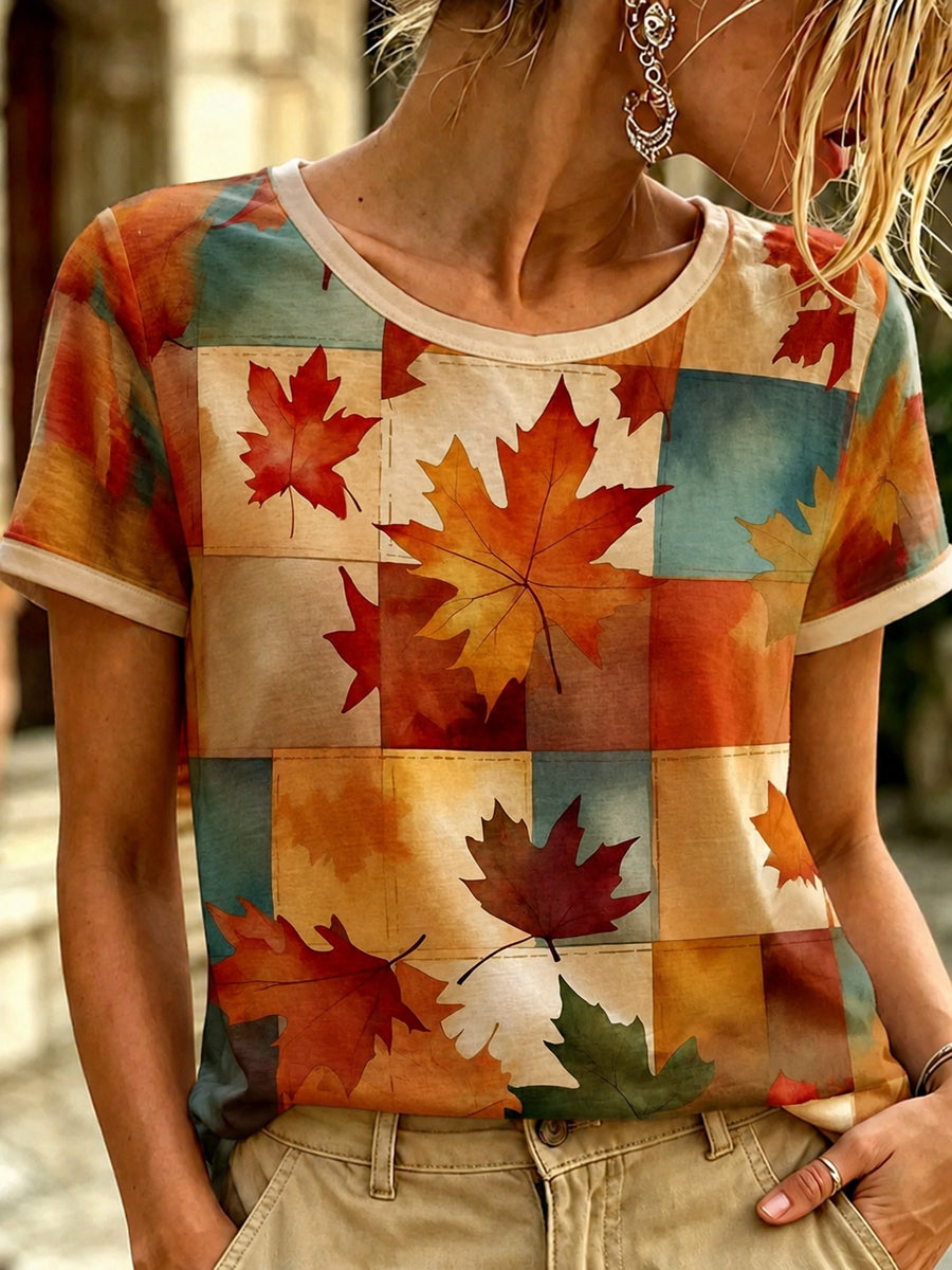 Women's Autumn Fallen Leaves Printed T-shirt