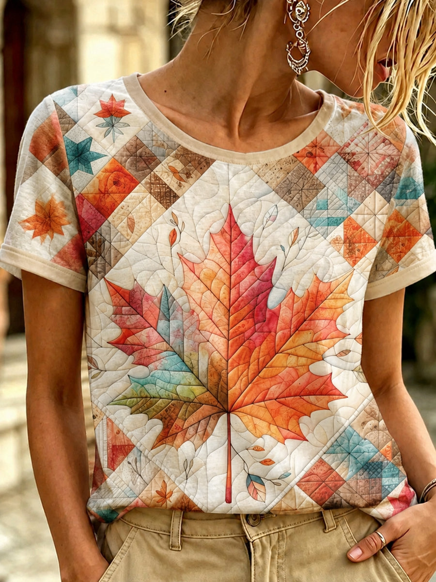 Women's Autumn Fallen Leaves Printed T-shirt