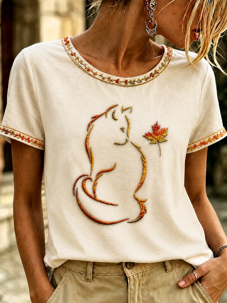 Women's Autumn Fallen Leaves Printed T-shirt