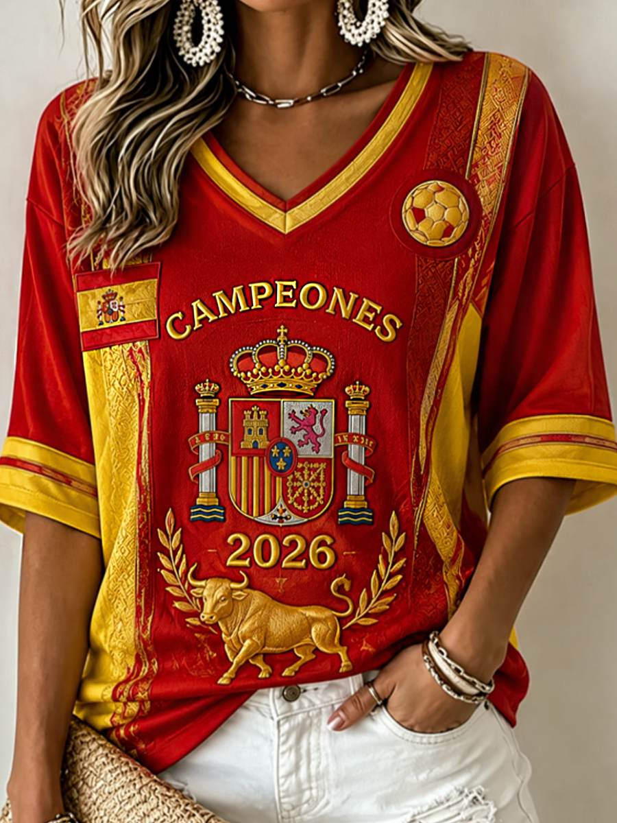 Women's "Champion 2026" Print Celebrates Spanish Champions Football Fan Gift Casual Mid-length Sleeves V-Neck T-Shirt