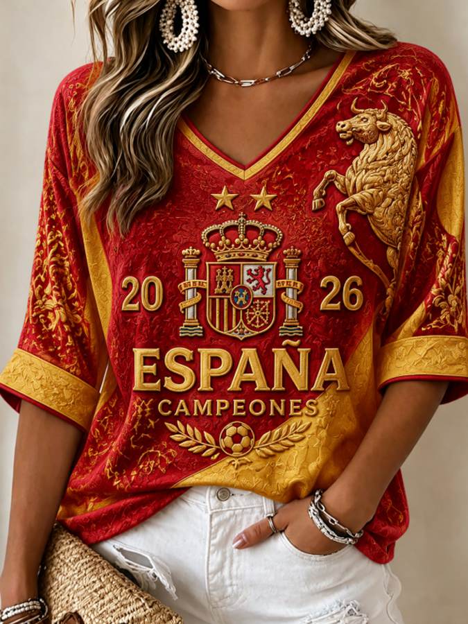 Women's "Champion 2026" Print Celebrates Spanish Champions Football Fan Gift Casual Mid-length Sleeves V-Neck T-Shirt