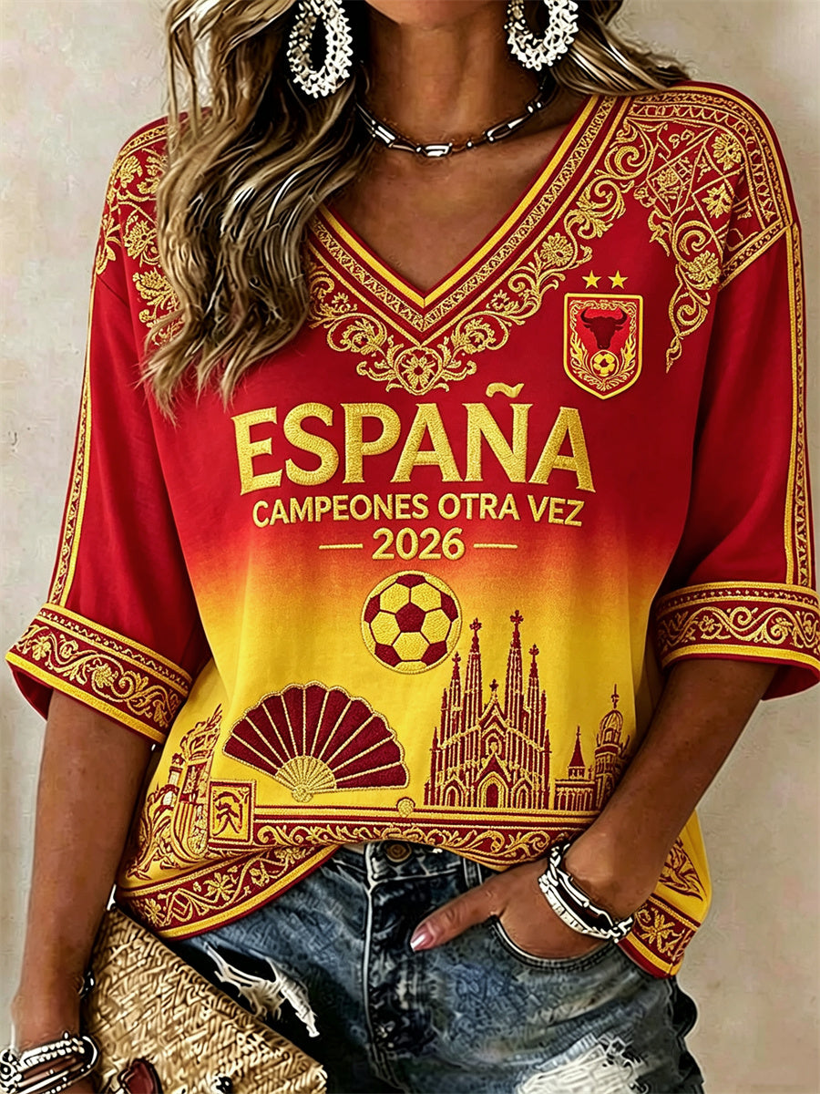 Women's Spain Football Champion Fan & Sagrada Família Print Gradient Mid-length Sleeves V-Neck T-Shirt