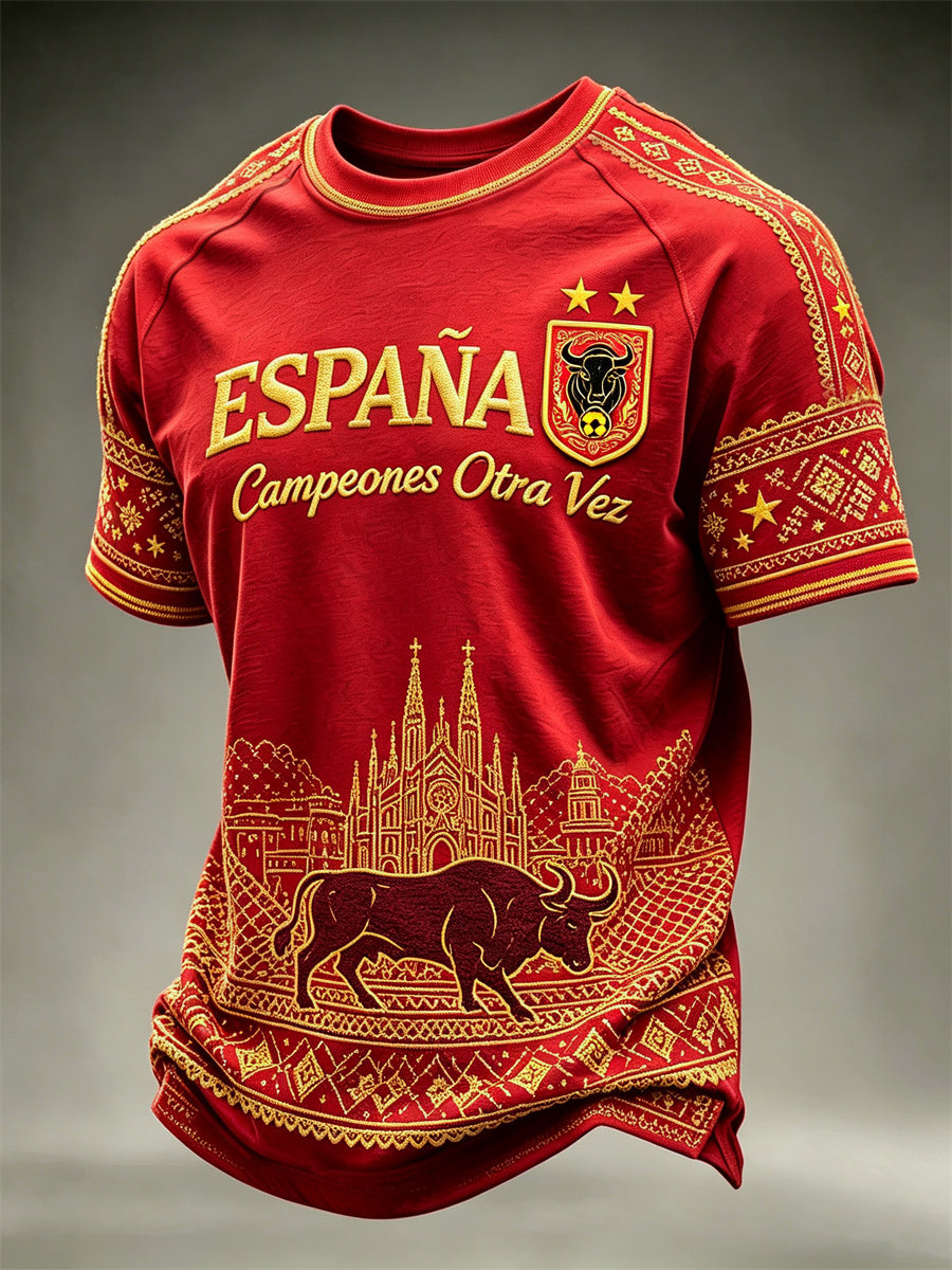 Men's Spain Football Champion Bull & Sagrada Família Print short sleeve t-shirt