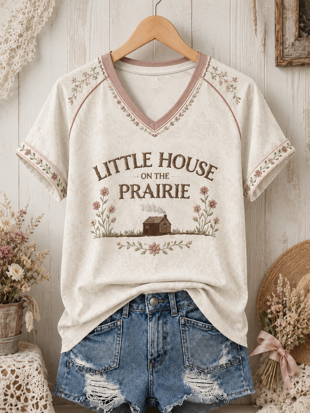 Women's Little House Printed V-neck T-shirt