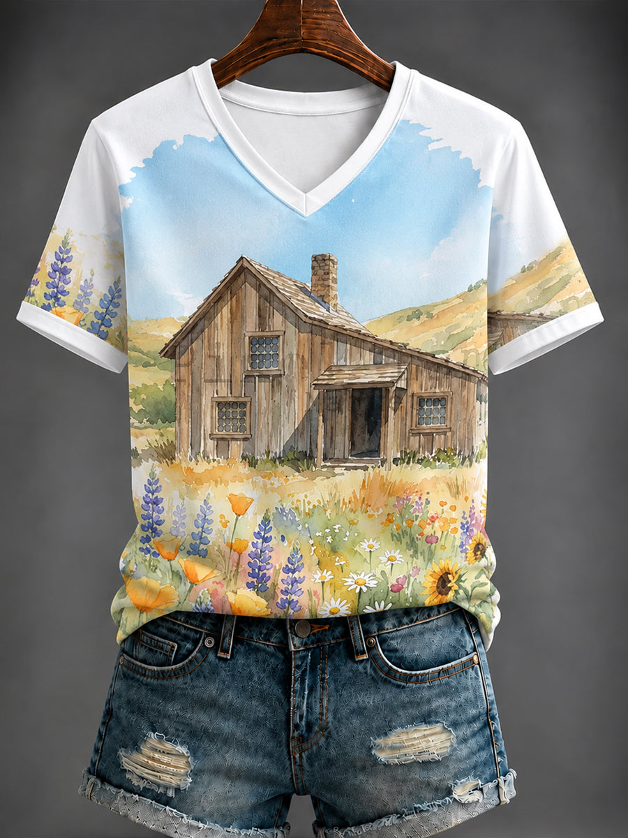 Women's Rural America Printed V-neck T-shirt