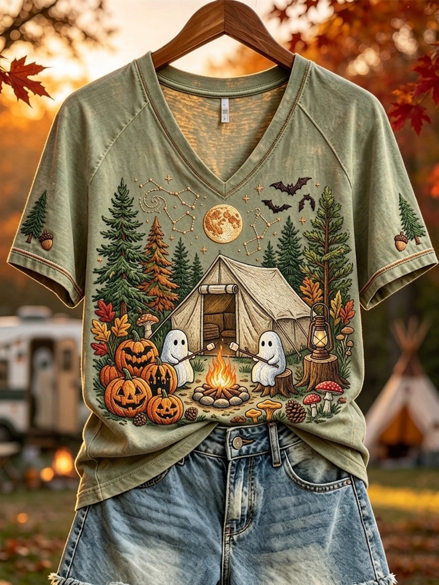 Women's Halloween Ghost Camping Print V-neck Short-sleeved T-shirt