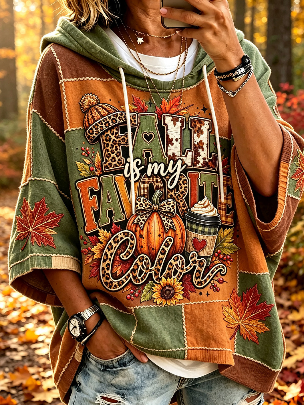 Women's autumn maple leaf element pattern printed casual short-sleeve hoodie