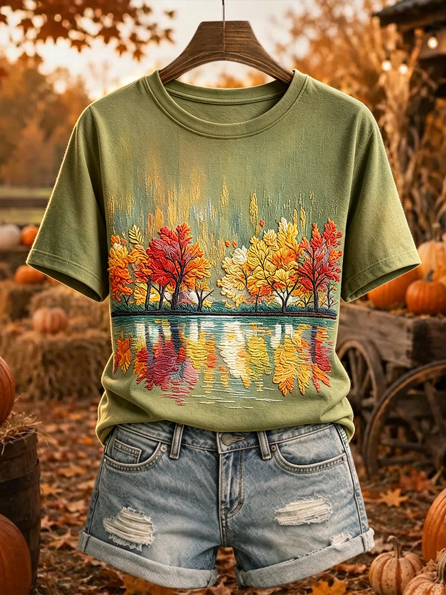 Women's Vintage Fall Trees Print Short-sleeved T-shirt